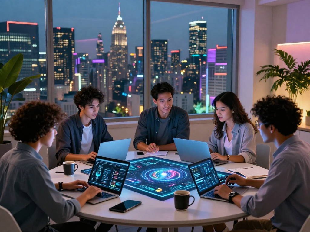 Collaboration on AI solutions in a futuristic workspace with 18+ ai technology insights.