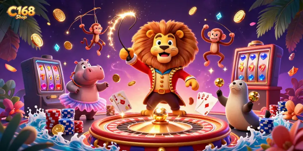 Experience thrilling casino fun at C168 Shop with vibrant characters and dazzling game elements.