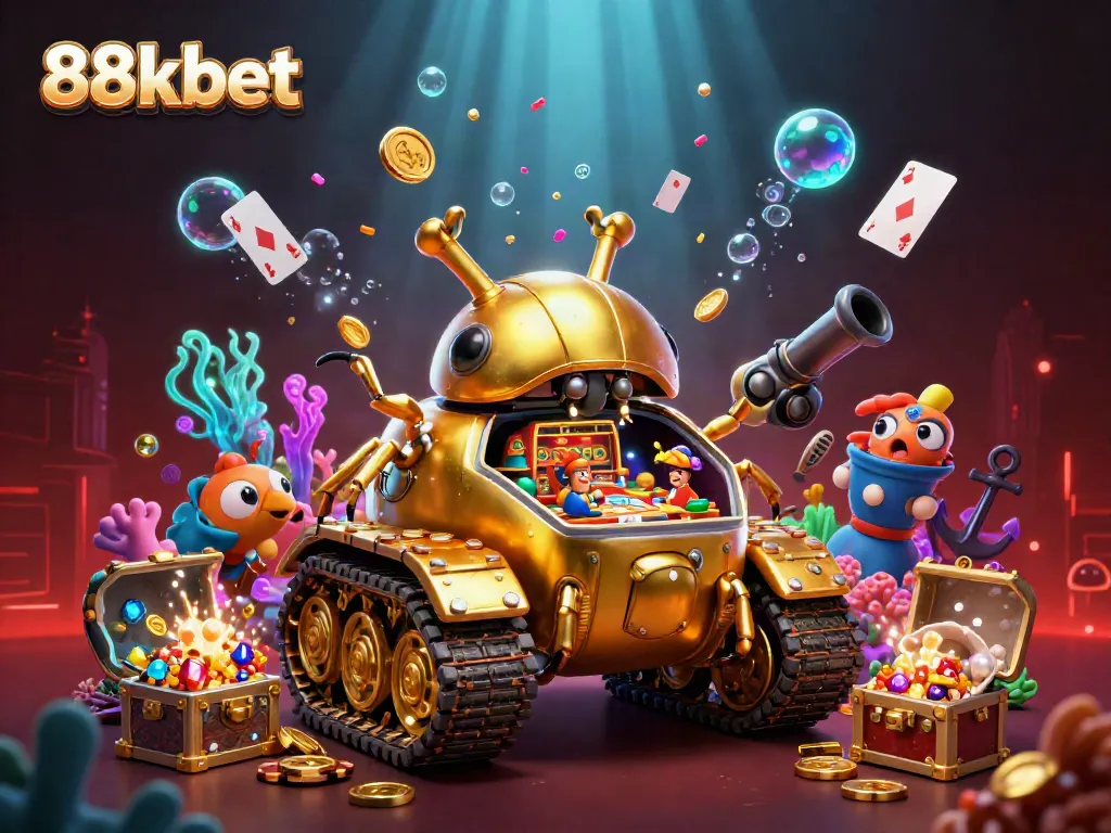 88kbet showcases a dynamic casino scene with a golden beetle tank revealing a miniature casino