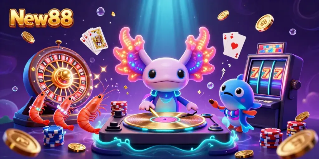 New88 showcases a vibrant underwater casino scene with colorful characters and golden coins, highlighting the excitement of gaming.