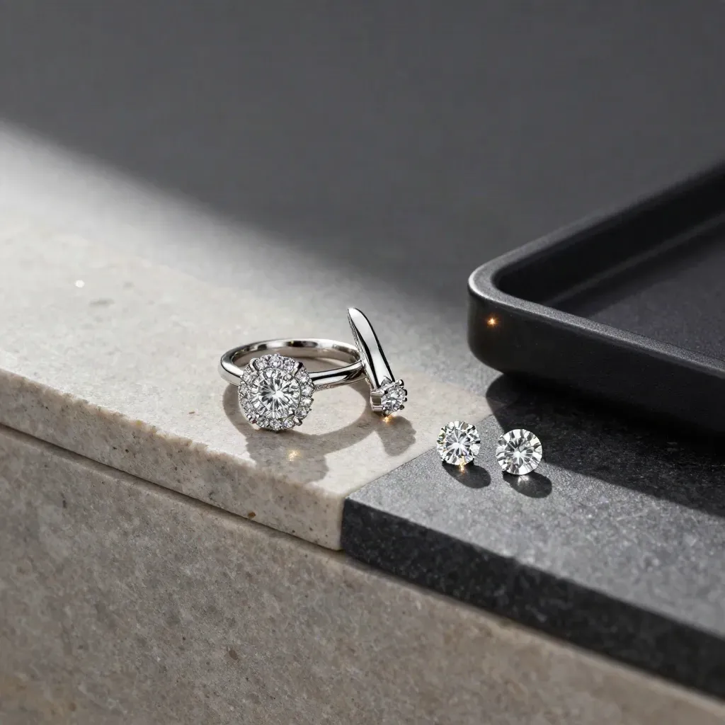 Halo and solitaire ring settings with diamonds on a stone counter