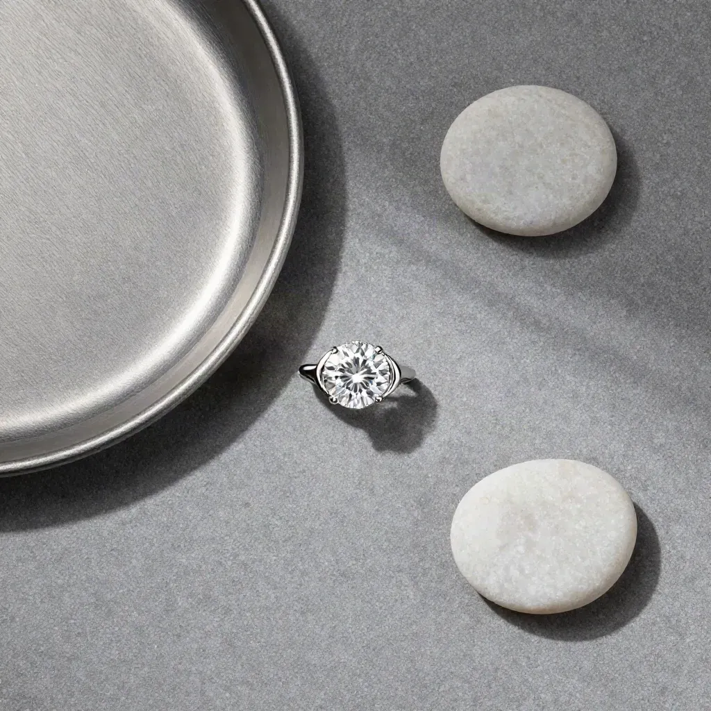 Overhead flatlay of a platinum round solitaire setting with diamond, pebbles, and brushed tray.