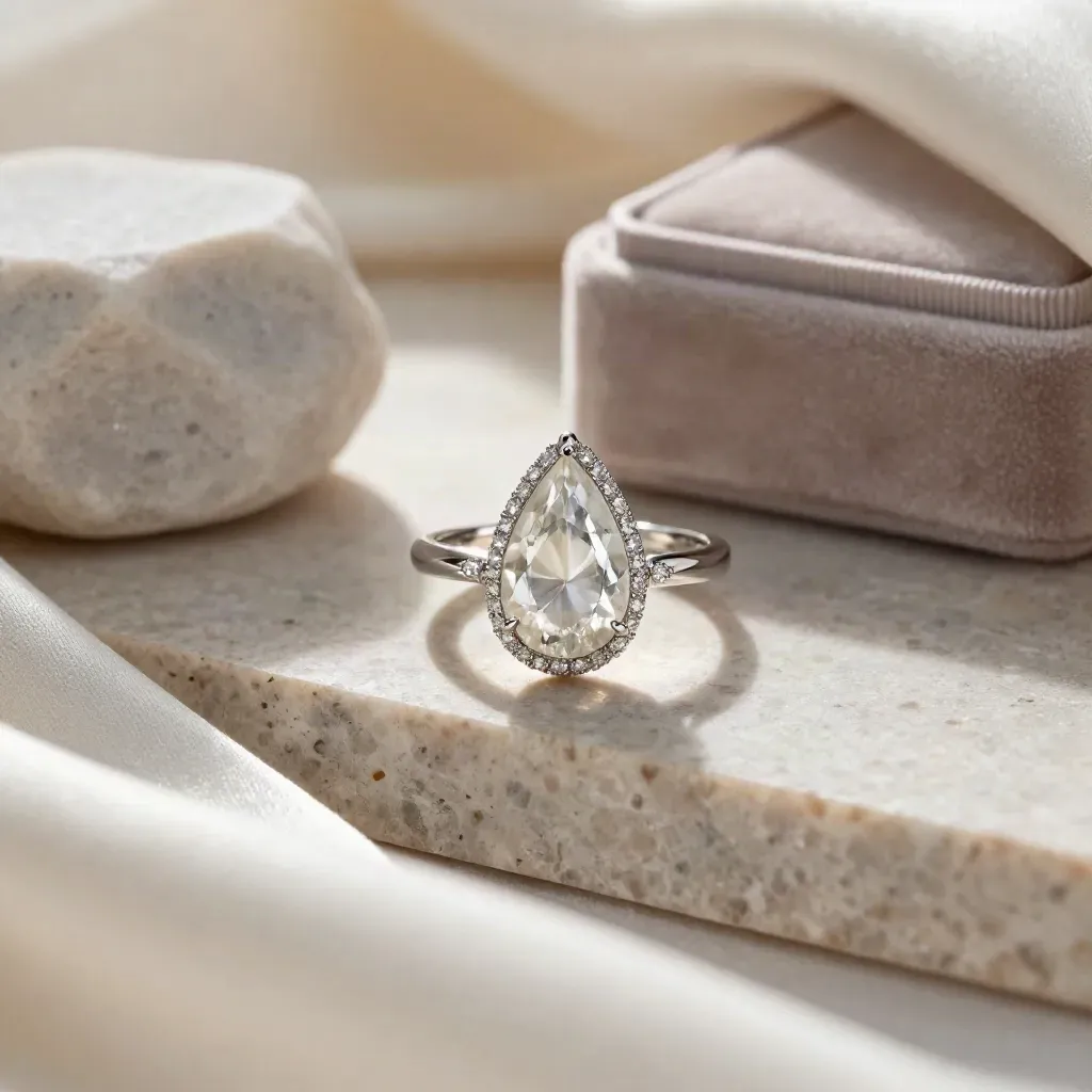 Pear halo ring setting in white gold beside a pear diamond on cream silk and limestone