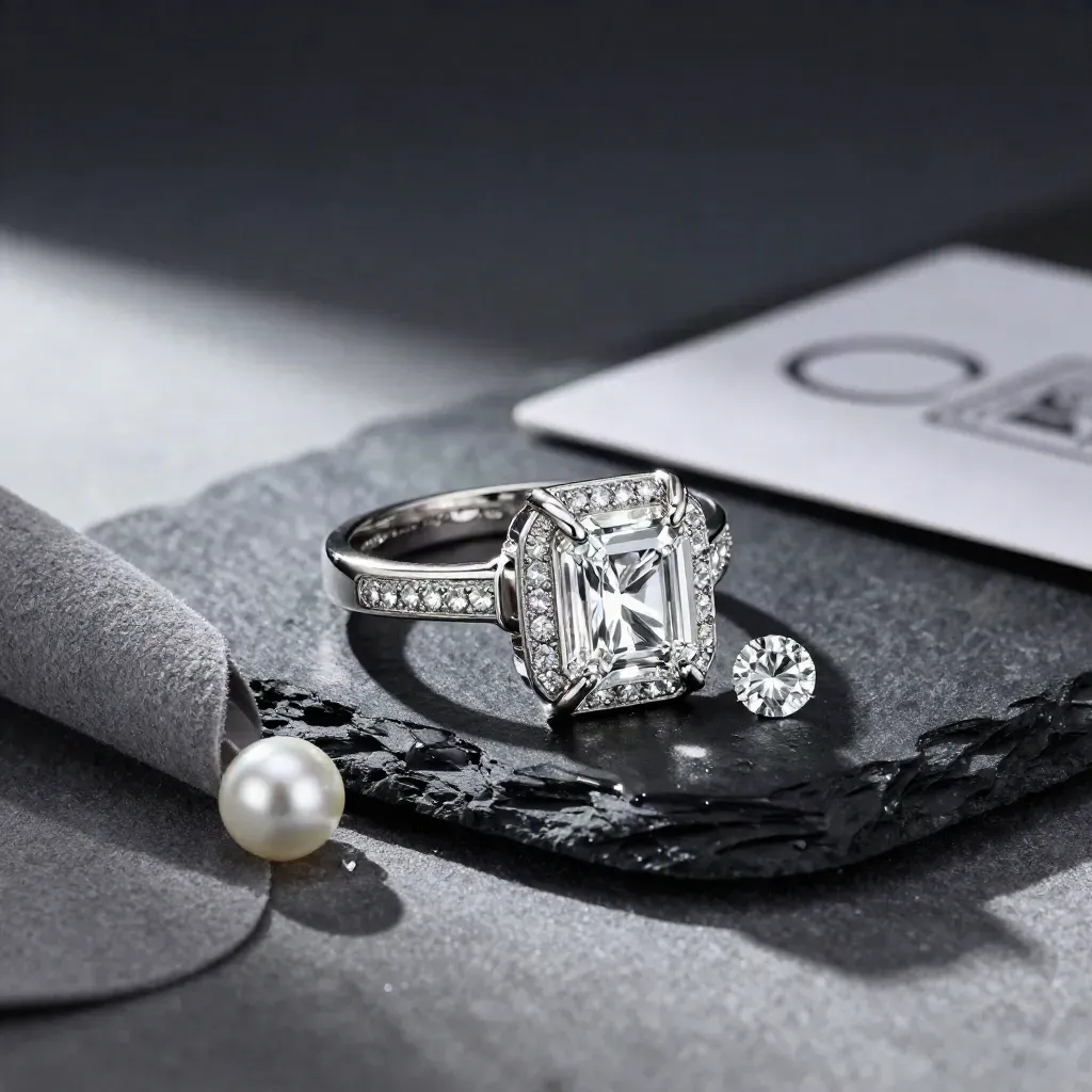 White gold emerald cut halo ring on wet black slate with a loose diamond and suede swatch