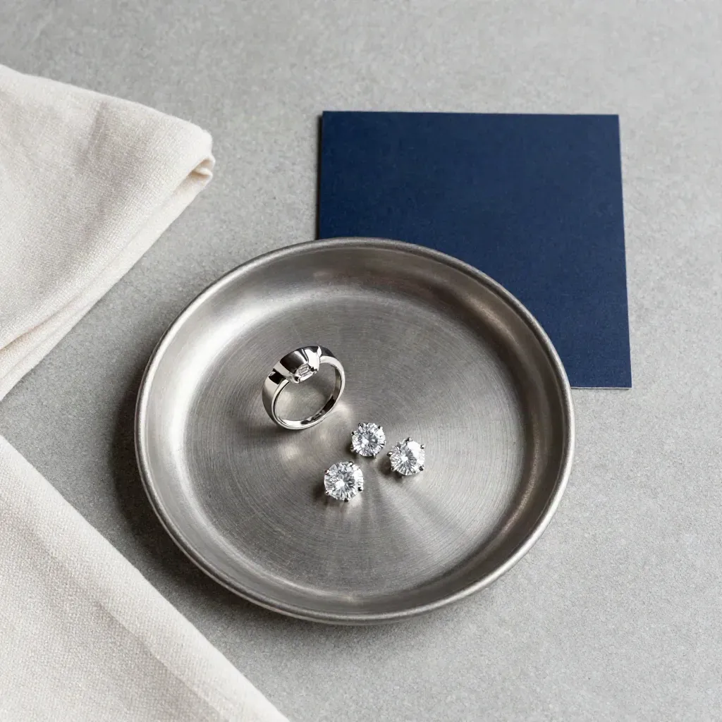 Overhead flatlay of a platinum three-stone ring mount with diamonds, tray and pale linen on concrete.