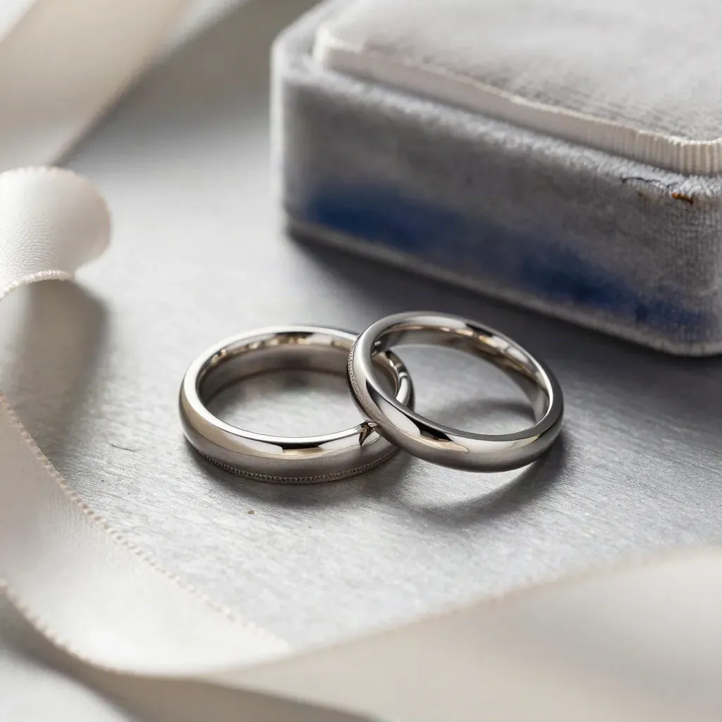 Platinum bridal set beside silk ribbon and velvet case on a pewter stone shelf