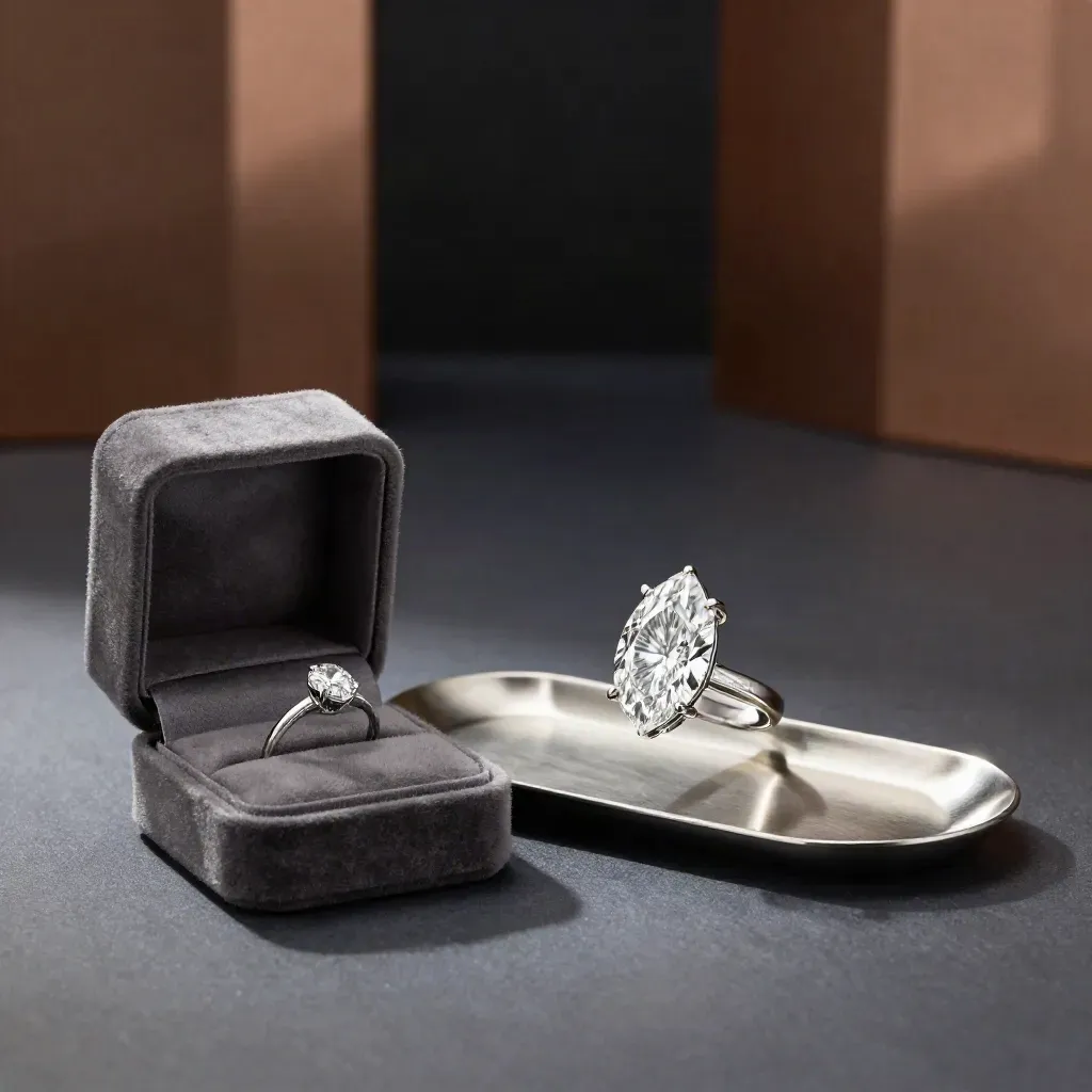 Platinum marquise solitaire mount with loose diamond, velvet ring box, and dark gradient backdrop.