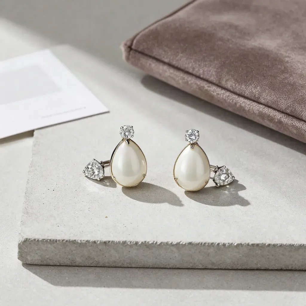 Top-down flatlay of a white-gold toi et moi mount with two diamonds on pale stone.