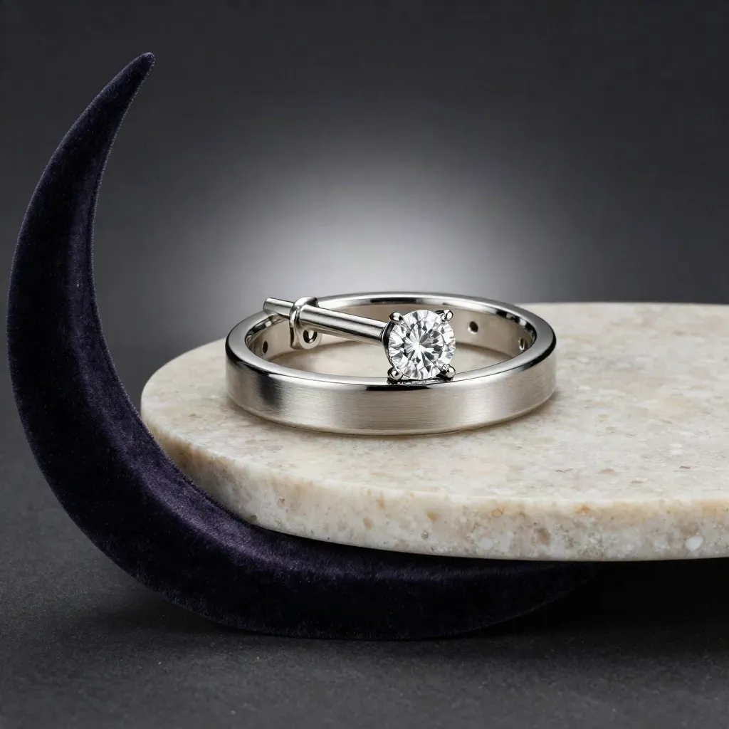Platinum bezel ring mount with a loose round diamond on travertine and velvet.
