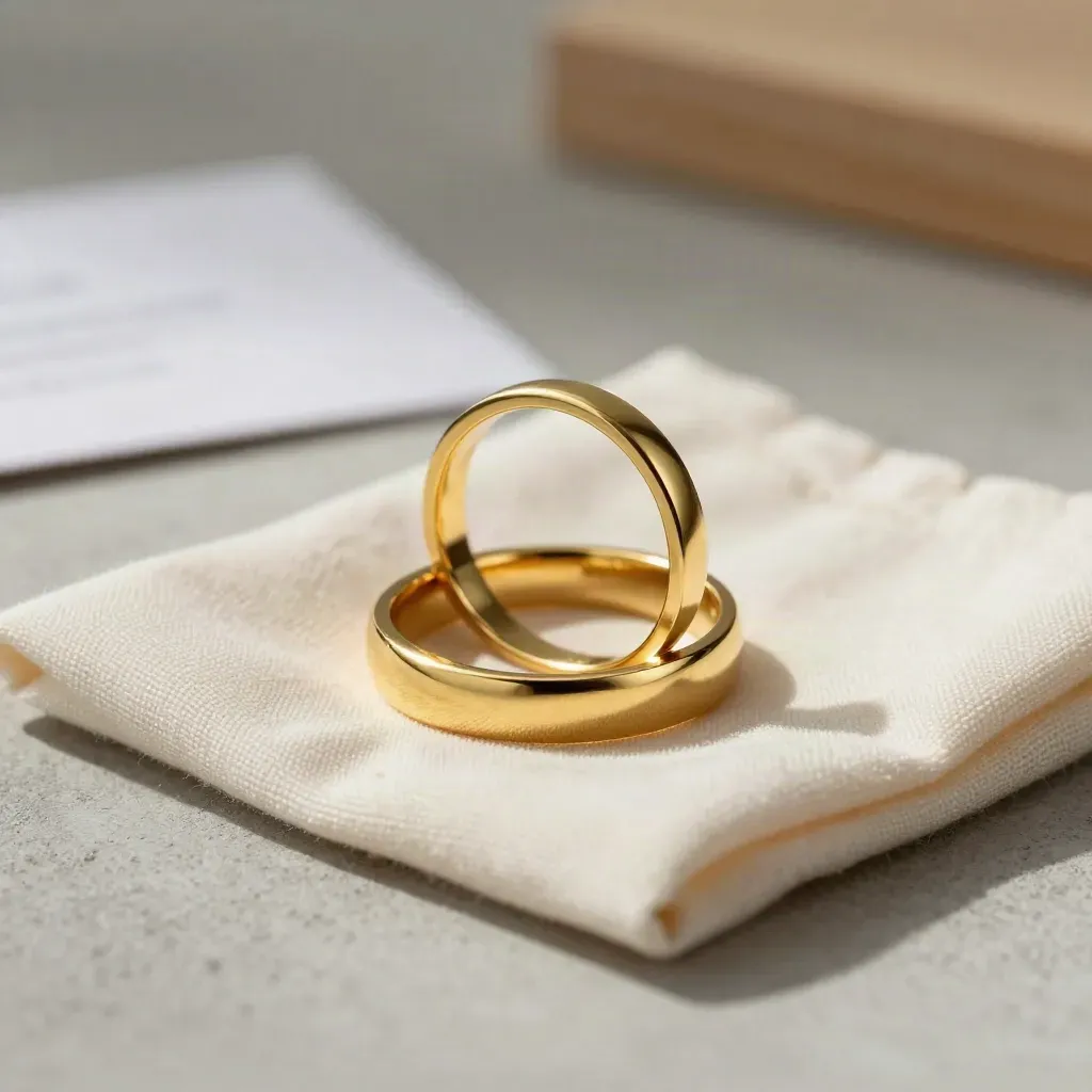 Gold ring resizing tableau with band segment and cloth on a concrete bench, softly lit.