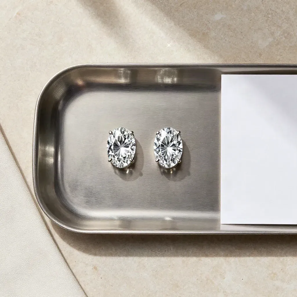Overhead flatlay of two oval diamonds in silver recesses on limestone with linen edge.