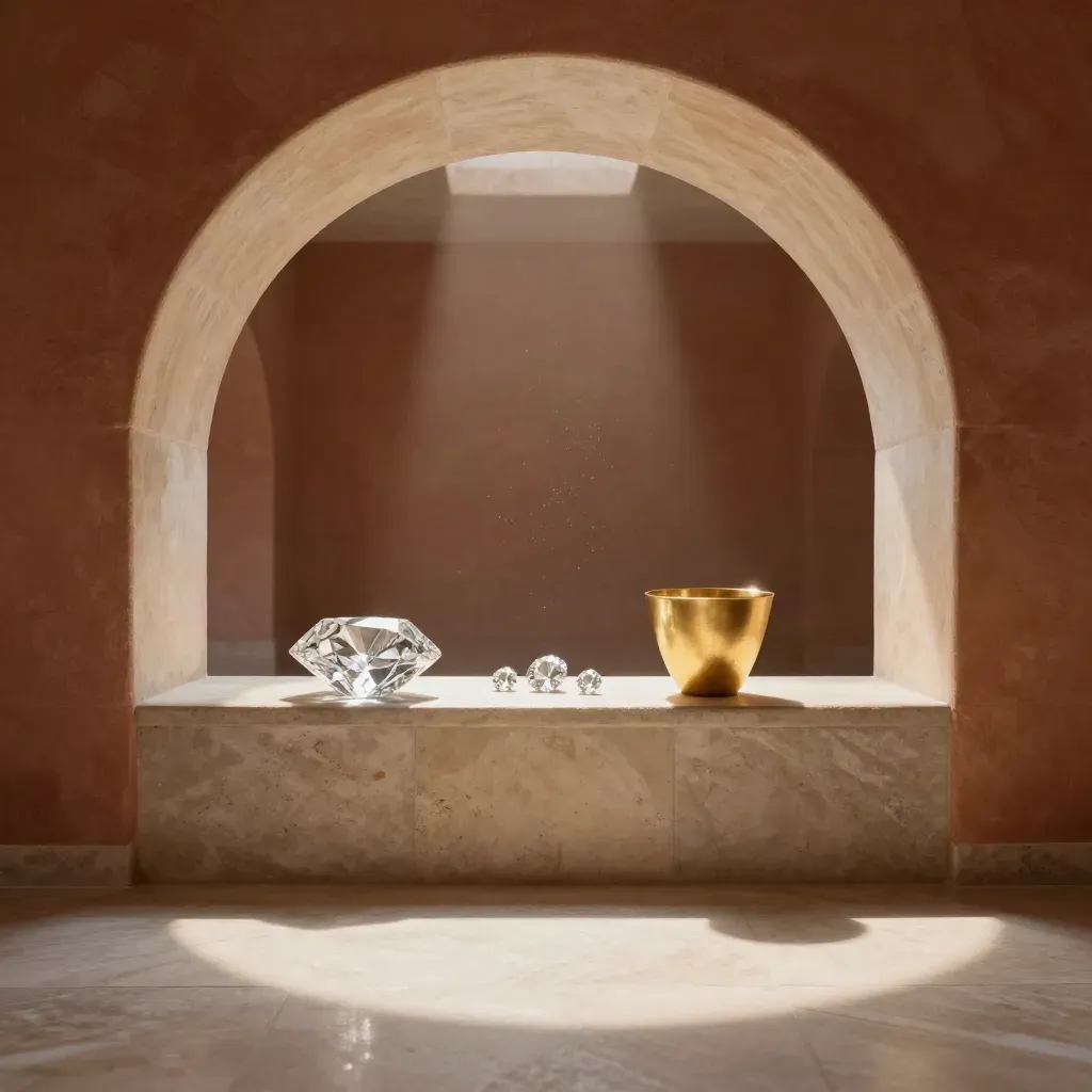 Stone arch interior with loose diamonds glowing in a crystal dish at golden hour.