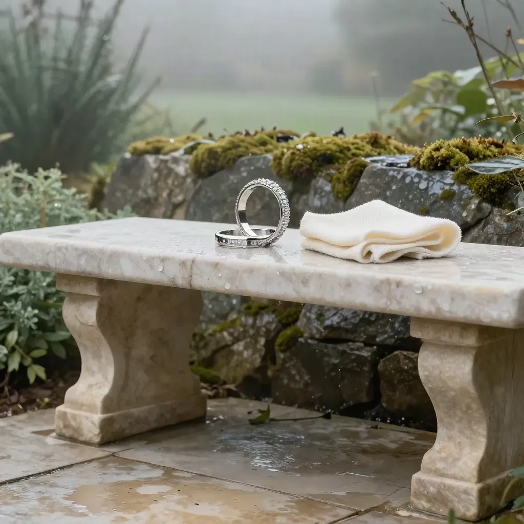 Misty garden courtyard with a ring setting on a limestone bench and mossy greenery