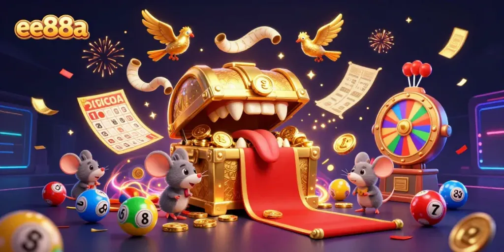 Engage in thrilling games at ee88a, a vibrant illustration of a cartoon treasure chest and lottery elements.