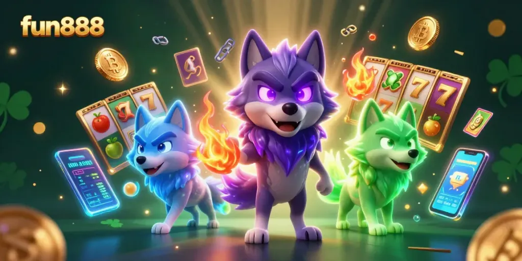Experience the thrill of fun888 casino adventures with cartoon wolves amidst vibrant jackpot symbols.