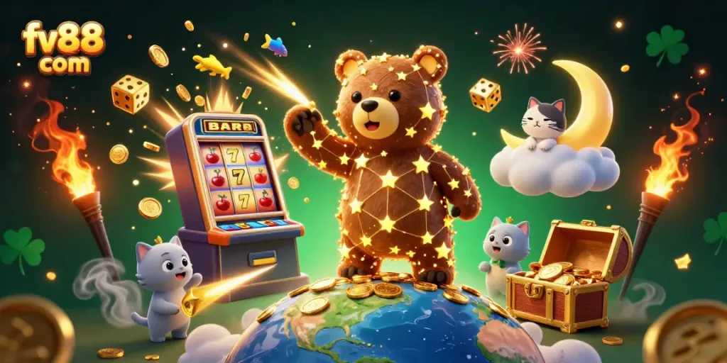 Scoop coins and hit jackpots on fv88 com with this dynamic 3D casino illustration.