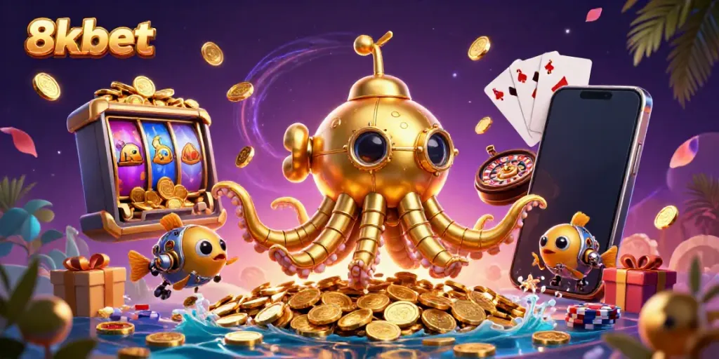 Experience thrilling gameplay with vibrant 8xbet visuals featuring a golden kraken and slot games.