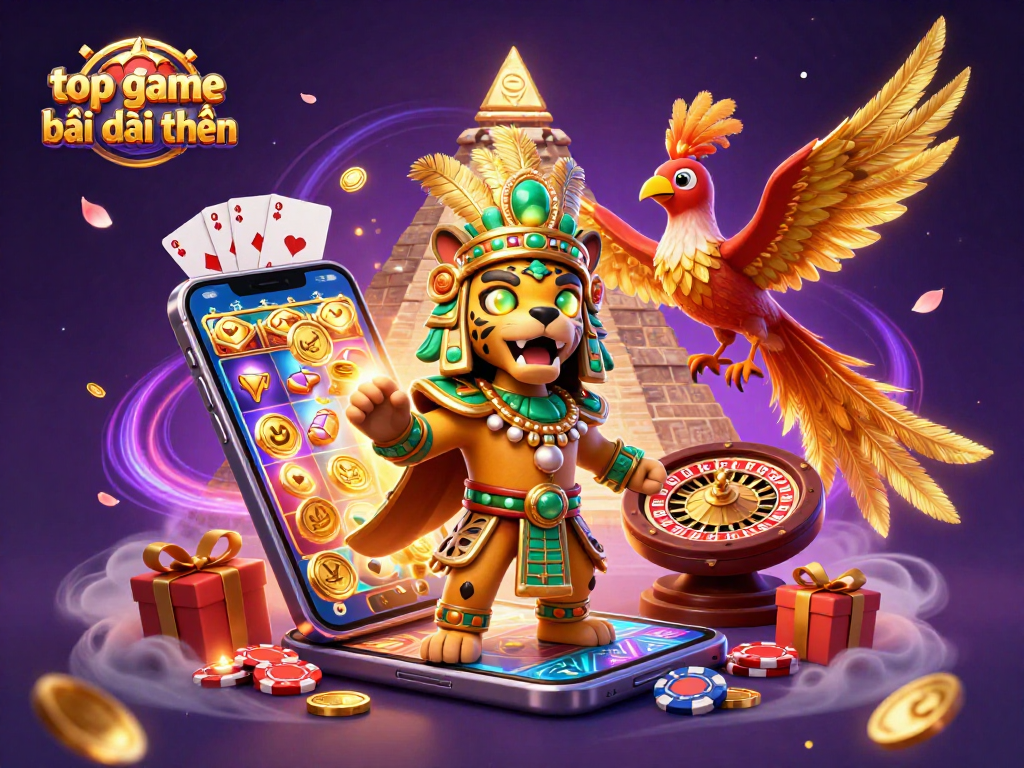 Engaging scene showcasing top game bài đổi thưởng with a Mayan priest, slot games, and dynamic casino elements.
