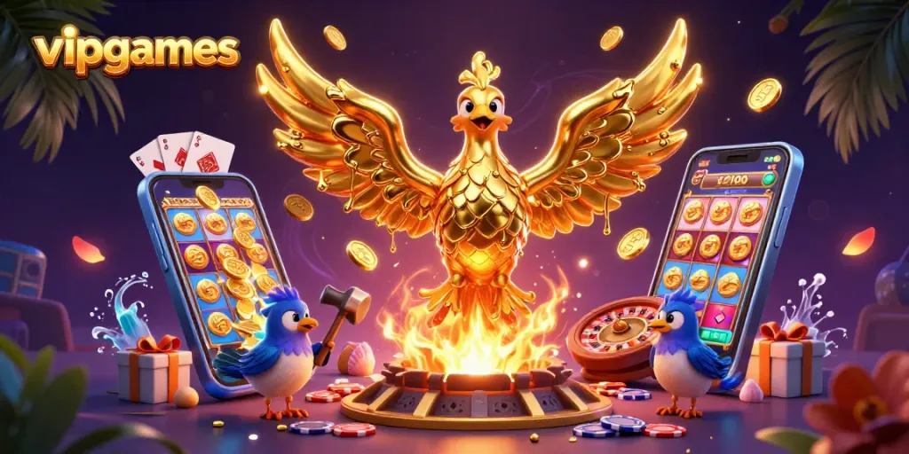 Engage in thrilling gaming experiences with vipgames featuring a majestic phoenix and vibrant casino elements.