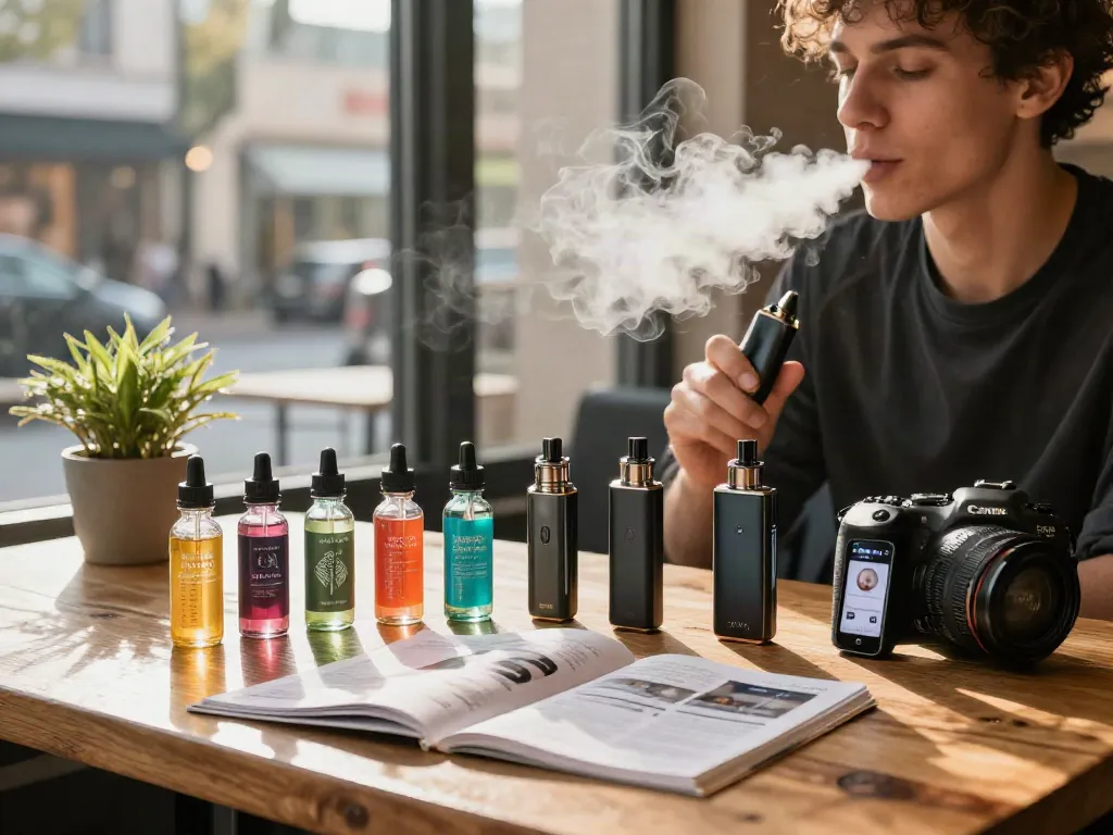 Individual vaping in a café, surrounded by e-liquids, exploring how many puffs are in a vape bar.