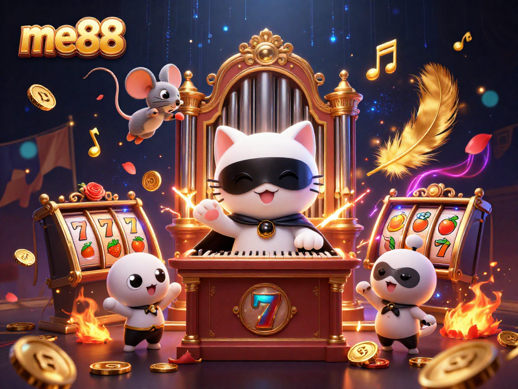 Experience me88's vibrant energy at this dynamic casino scene with unique characters and gaming elements.