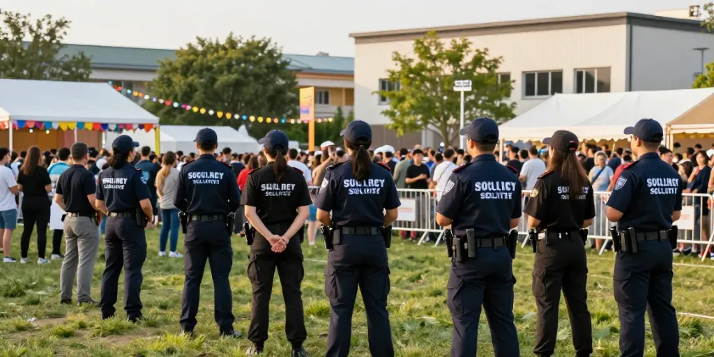 Event security professionals ensuring safety at a local festival, fostering community trust.
