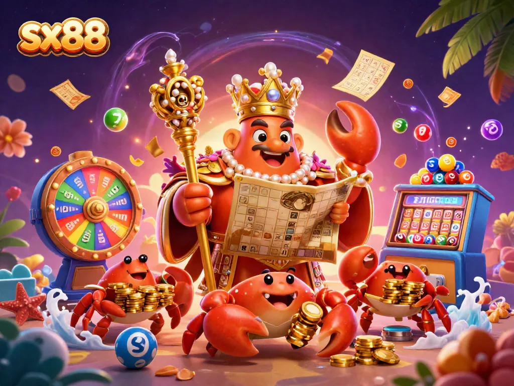 SX88 gaming scene with a golden crab emperor, colorful lottery elements, and tropical decorations.