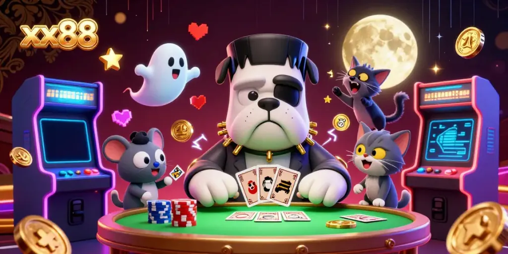 Experience thrilling action at xx88 casino with a fun 3D scene featuring a Frankenstein bulldog dealer.
