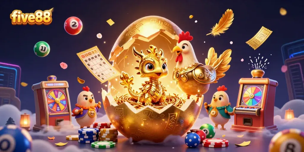 Experience excitement at five88 with a golden dragon and casino icons in an enchanting scene.