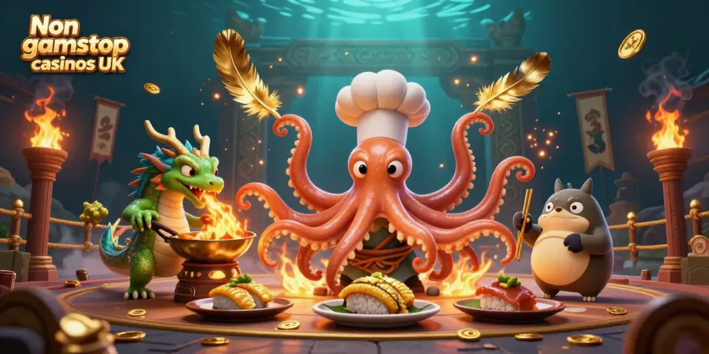 Experience the thrill at Non gamstop casinos UK with an epic culinary casino scene featuring vibrant characters and engaging game elements.