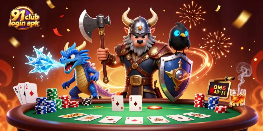 Engaging scene featuring 91 club login apk illustration with cartoon characters interacting amid vibrant casino elements.
