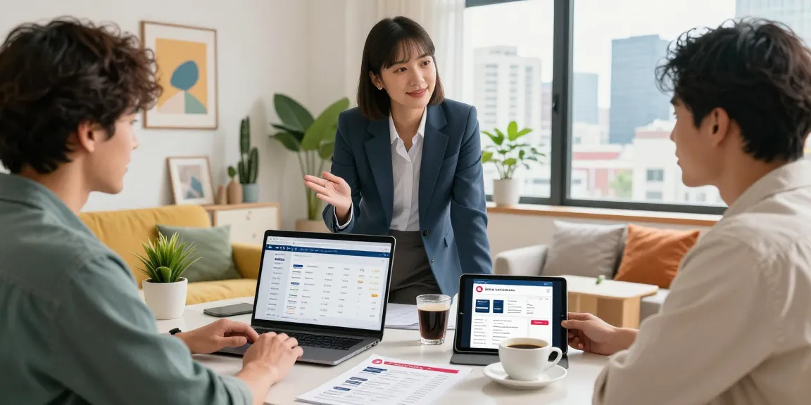 Effective airbnb property management in a modern city apartment, showcasing collaboration between host and property manager over analytics.