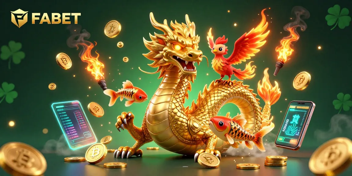Experience thrilling wins with FABET’s vibrant casino illustration featuring a dragon and phoenix.