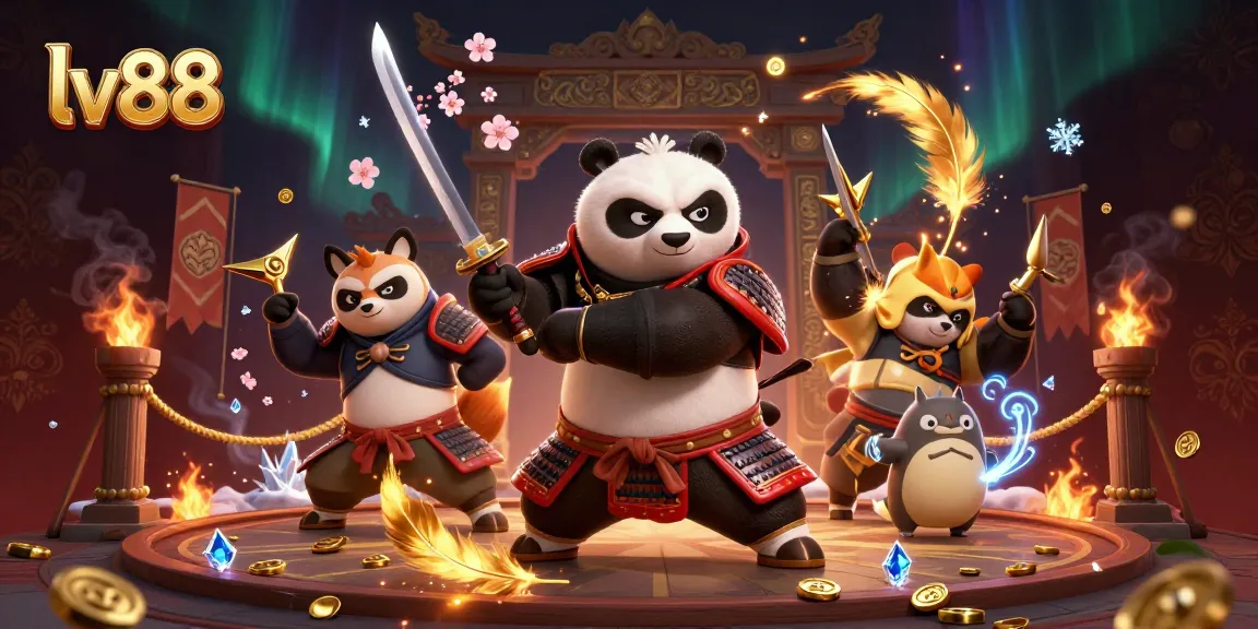 Experience exhilarating gaming at lv88 with a dynamic scene of a samurai panda and ninja fox