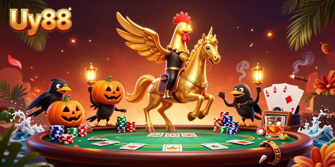 Join the excitement at Uy88 with a golden rooster headless horseman winning at poker in a vibrant casino.