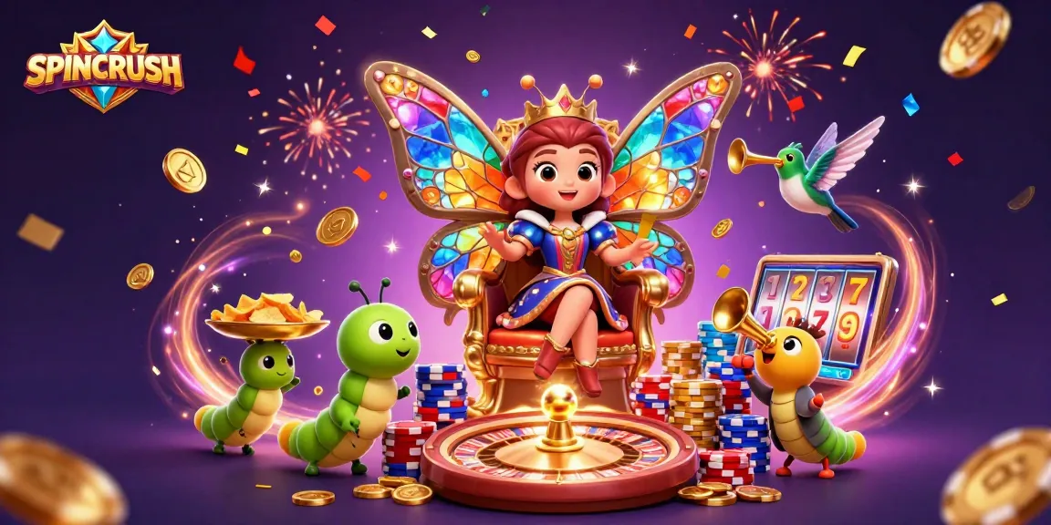 Experience SPINCRUSH's thrilling gameplay with vibrant characters, gold coins, and casino elements.