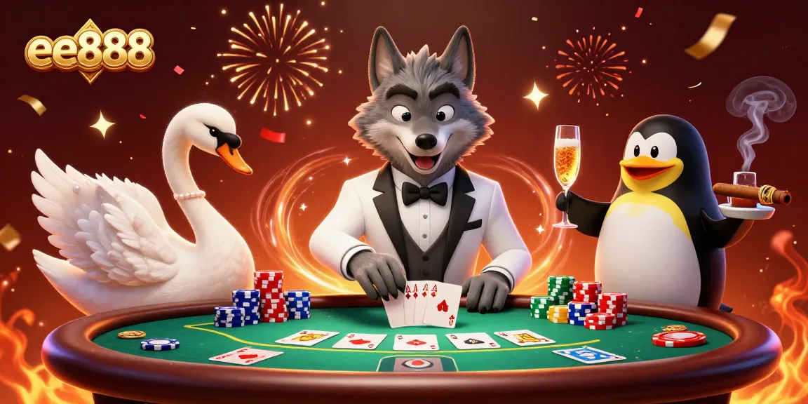 Experience the excitement of ee888 with a debonair wolf, elegant swan, and sophisticated penguin at a festive baccarat table.