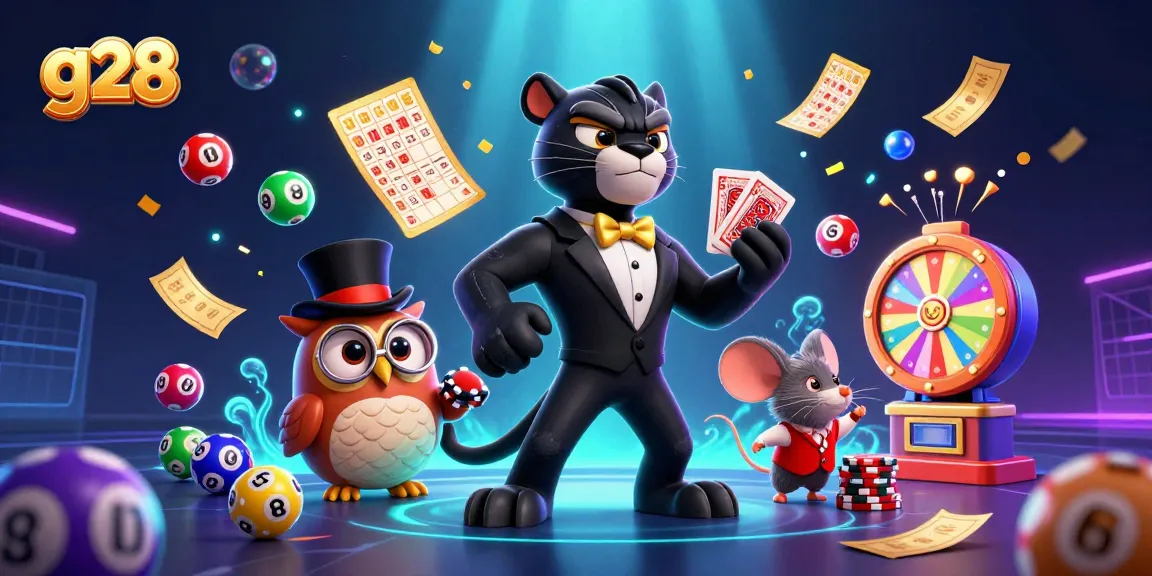 g28 showcases a stylish panther dealing cards amidst lottery excitement in a vibrant scene.