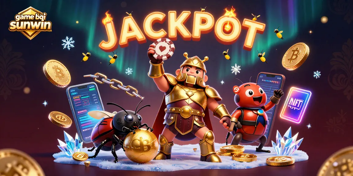 Experience game bài sunwin with vibrant 3D heroes celebrating a jackpot amidst crypto elements.