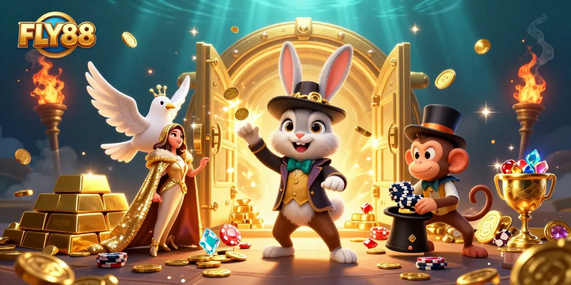 FLY88 showcases a magical scene with the magician rabbit, dove, and monkey among casino treasures.