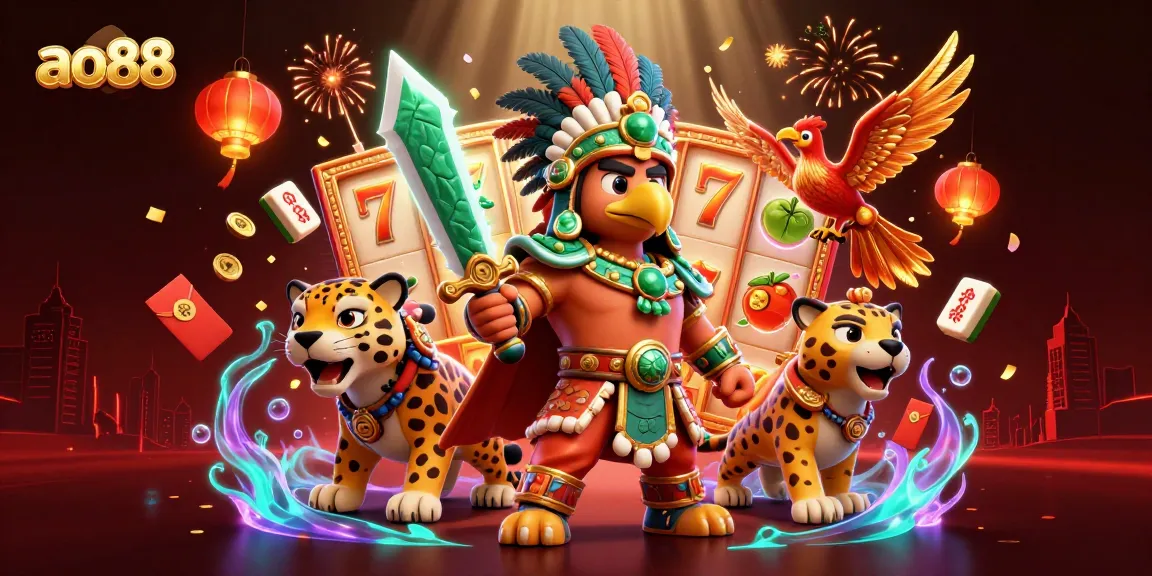 Play exciting slot games at ao88 with a vibrant scene of warriors and casino symbols.