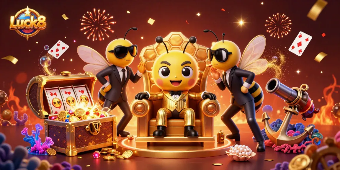 Engage with Luck8's vibrant gaming world featuring cartoon characters and slot reels!