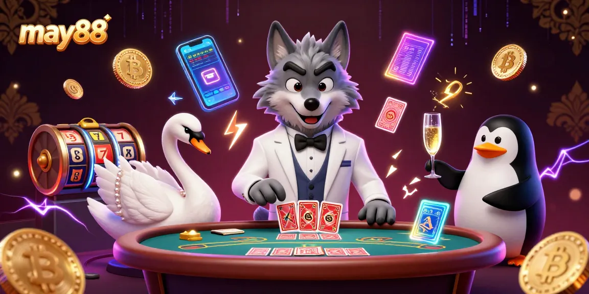Experience may88's vibrant casino scene with 3D characters and dynamic slot game elements.