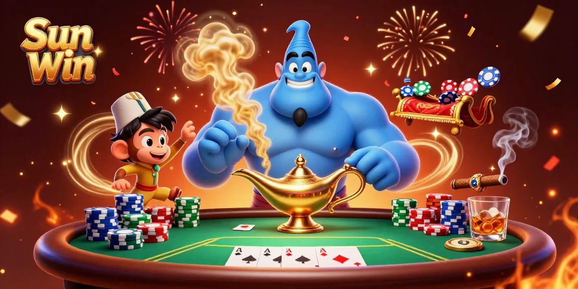 Experience excitement at Sun Win with a vibrant 3D casino scene featuring a genie and poker elements.