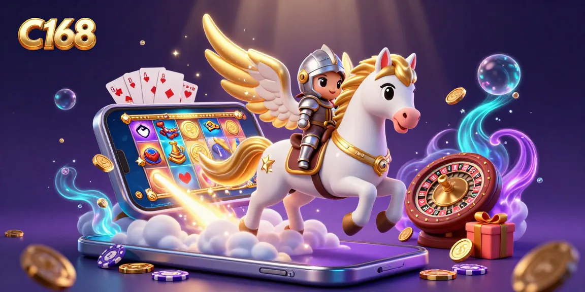 Experience excitement with C168 as a celestial knight rides through a vibrant casino world.