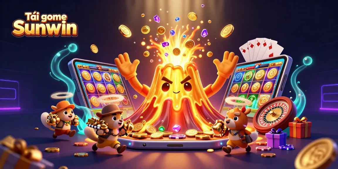 Tải game Sunwin with an erupting golden volcano pouring treasures in a vibrant casino setting