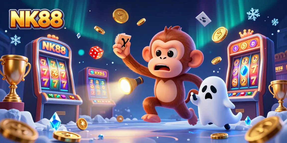 Experience the thrill of NK88 with an adventurous poltergeist monkey and a ghost-hunter puppy in an engaging casino scene.