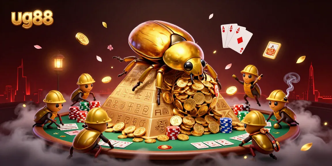 Bet big with ug88 as golden beetles roll coins up a pyramid, surrounded by casino elements.