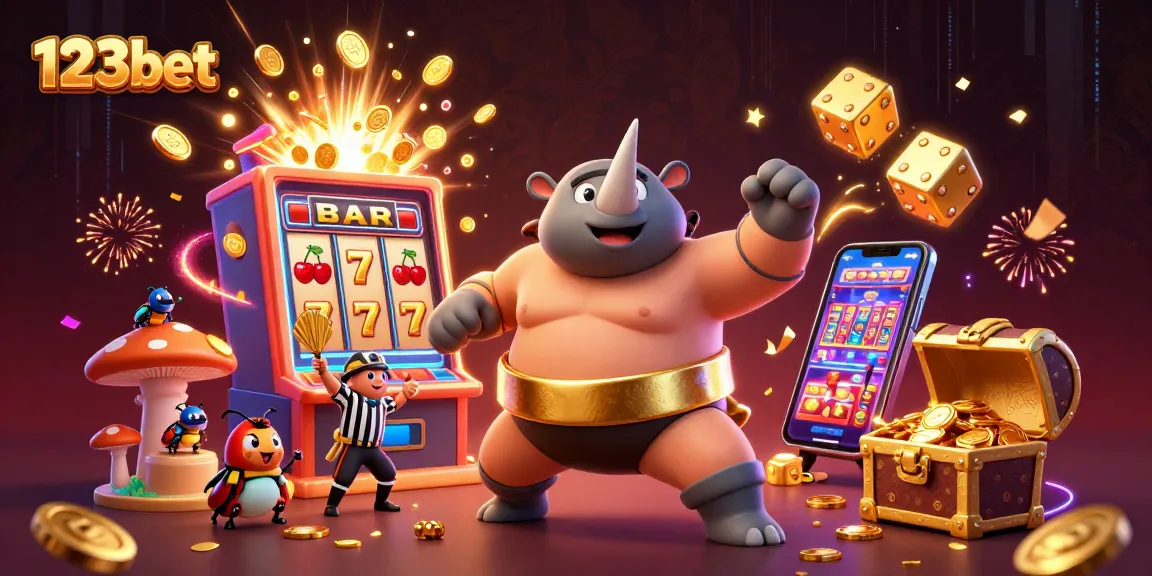 Experience vibrant casino action with 123bet as a 3D sumo champion beetle stomps coins in excitement.