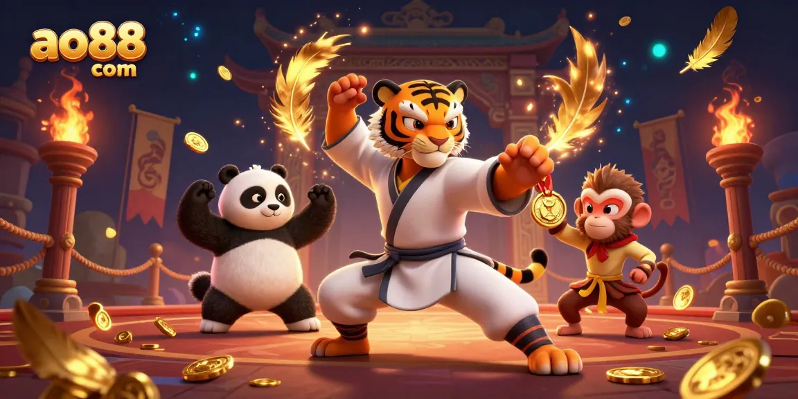 Engage in exciting casino action with ao88 com, featuring a kung fu tiger master and friends in a vibrant gambling scene.